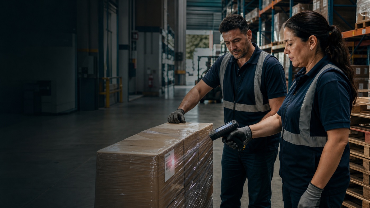 Dois profissionais de logística conferem uma carga; uma operadora usa um coletor enquanto o colega verifica o pallet.